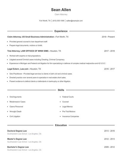 Claim Attorney Resume