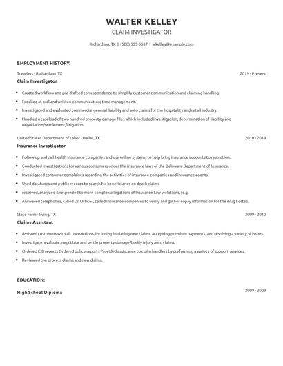 Claim Investigator Resume