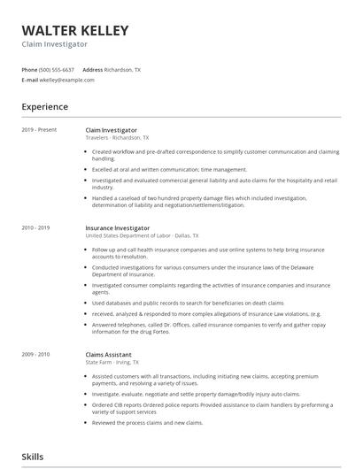 Claim Investigator Resume