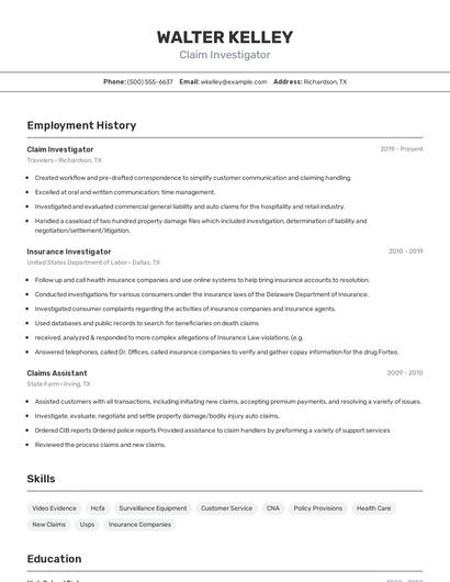 Claim Investigator Resume
