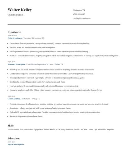 Claim Investigator Resume