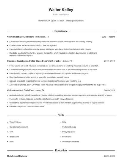 Claim Investigator Resume