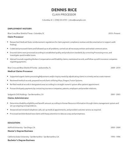 Claim Processor Resume