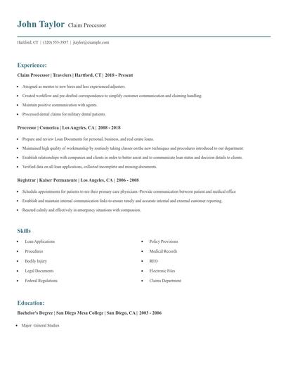 Claim Processor Resume