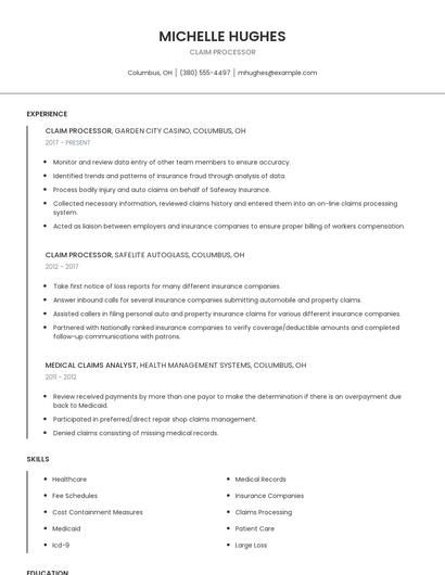 Claim Processor Resume