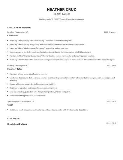 Claim Taker Resume