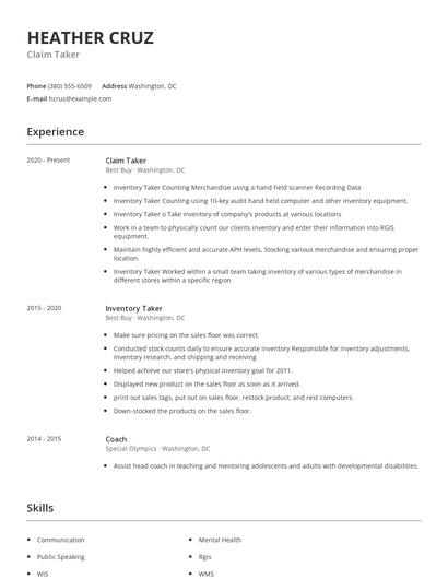 Claim Taker Resume