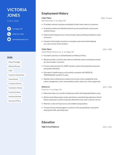 Claim Taker Resume