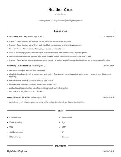 Claim Taker Resume