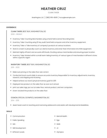 Claim Taker Resume