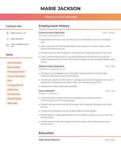 Claims Account Specialist Resume