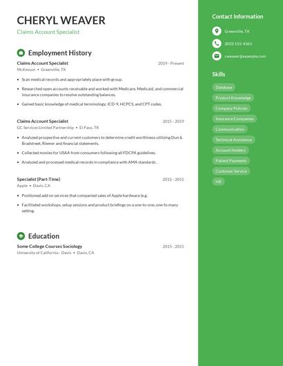 Claims Account Specialist Resume