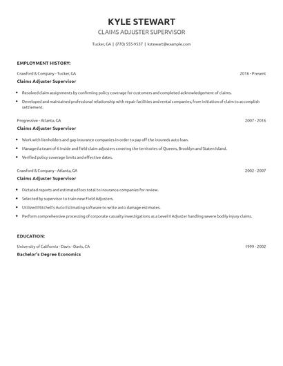 Claims Adjuster Supervisor Resume
