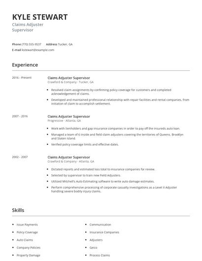 Claims Adjuster Supervisor Resume