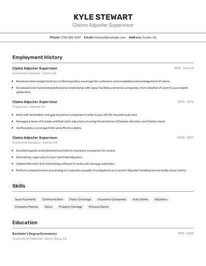 Claims Adjuster Supervisor Resume
