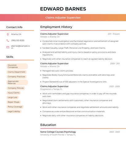 Claims Adjuster Supervisor Resume
