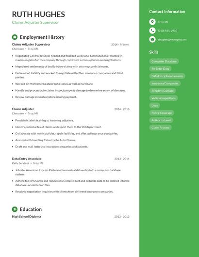 Claims Adjuster Supervisor Resume