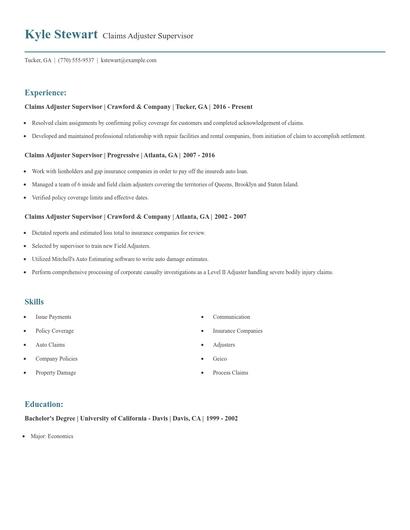 Claims Adjuster Supervisor Resume