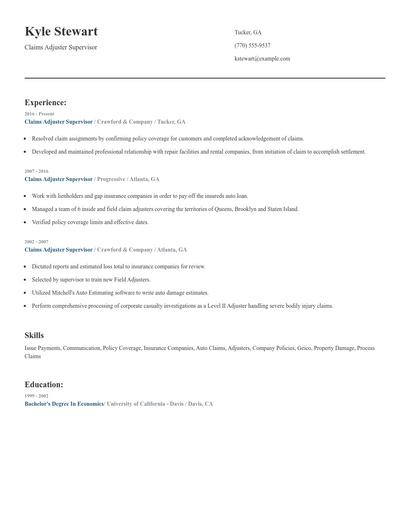 Claims Adjuster Supervisor Resume