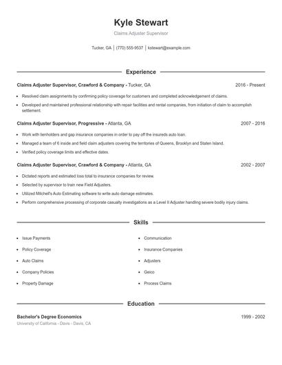 Claims Adjuster Supervisor Resume