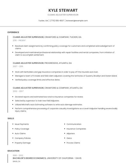 Claims Adjuster Supervisor Resume