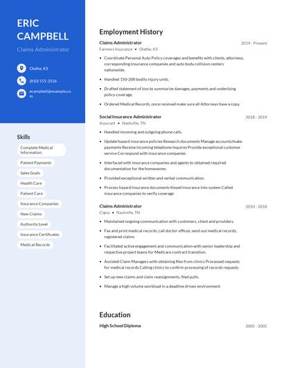 Claims Administrator Resume