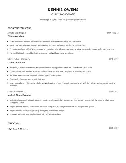 Claims Associate Resume