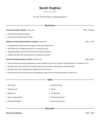 Claims Associate Resume