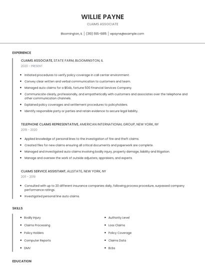 Claims Associate Resume