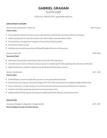 Claims Clerk Resume