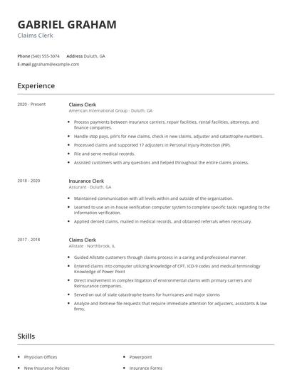 Claims Clerk Resume