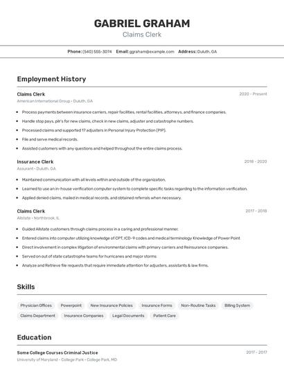 Claims Clerk Resume