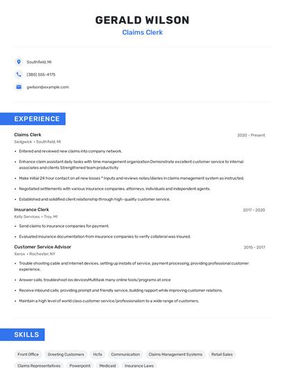 Claims Clerk Resume