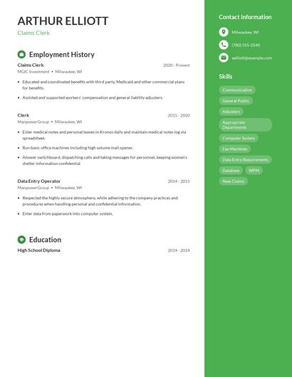Claims Clerk Resume