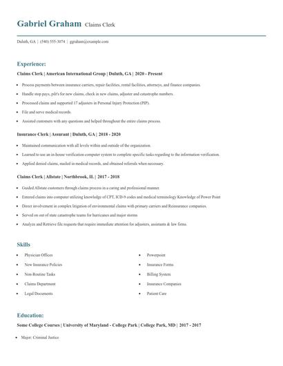 Claims Clerk Resume