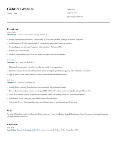 Claims Clerk Resume