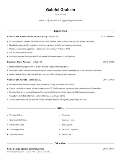 Claims Clerk Resume