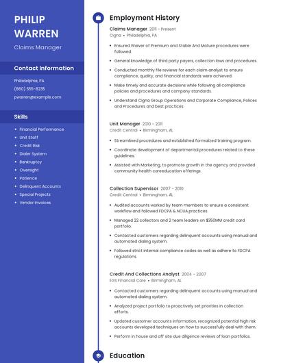 Claims Manager Resume