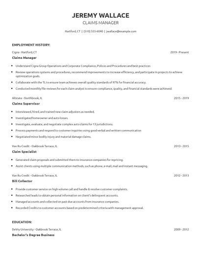 Claims Manager Resume