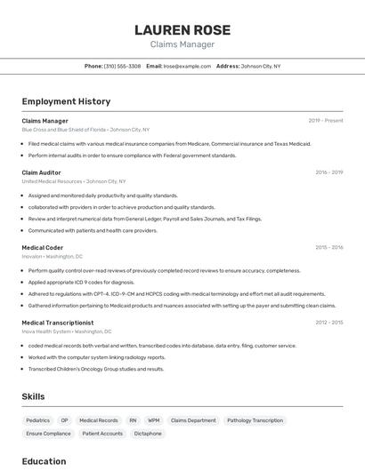 Claims Manager Resume
