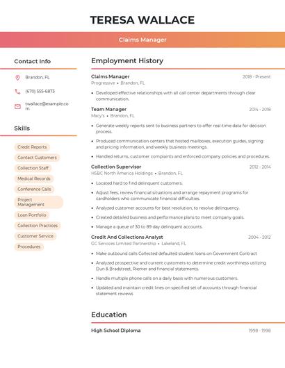 Claims Manager Resume