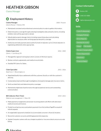 Claims Manager Resume