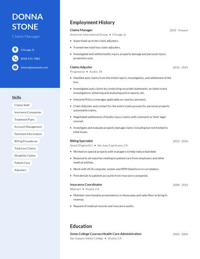 Claims Manager Resume