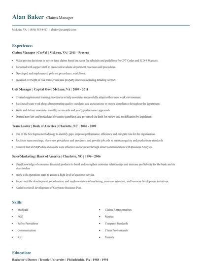Claims Manager Resume