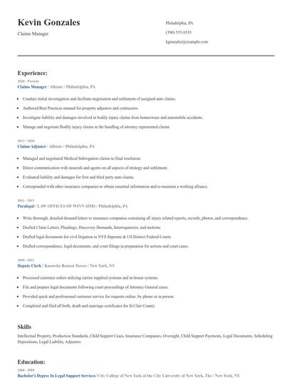 Claims Manager Resume