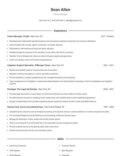 Claims Manager Resume