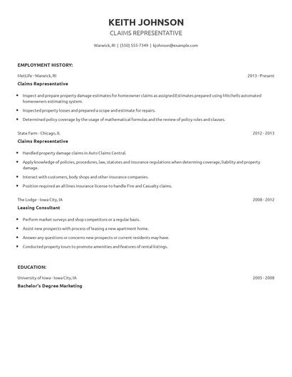Claims Representative Resume
