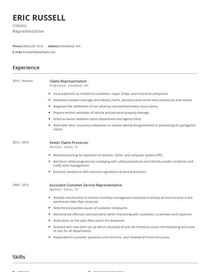 Claims Representative Resume
