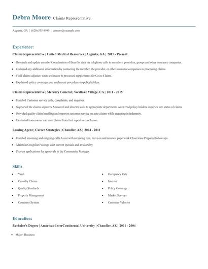 Claims Representative Resume