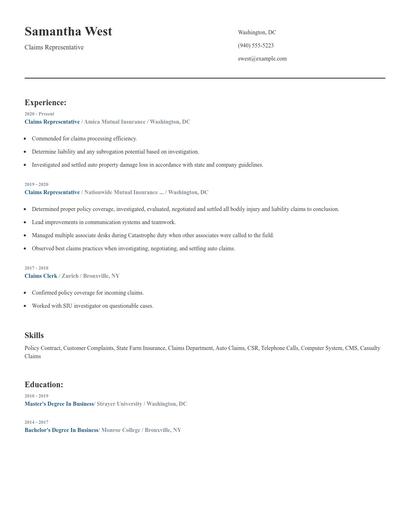 Claims Representative Resume